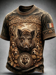 T-shirt décontracté à imprimé de chasse au sanglier français vintage pour hommes