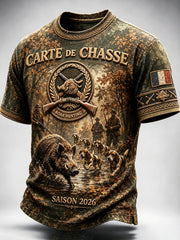 T-shirt décontracté imprimé rétro de chasse au sanglier français pour hommes