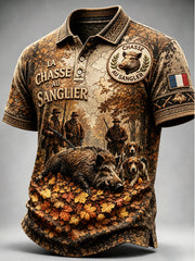 Polo décontracté imprimé de chasse au sanglier français vintage pour hommes