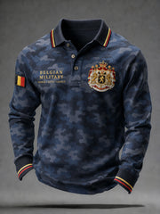 Polo homme à manches raglan et manches longues, orné d’un imprimé camouflage de style militaire