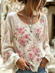 Chemise femme en lin de coton à imprimé floral rose