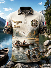 Polo décontracté pour homme, motif festival de chasse aux oiseaux aquatiques pendant la saison de chasse en Bretagne, France