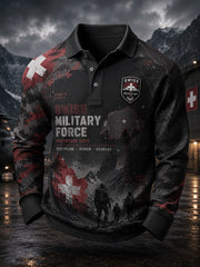 Polo manches longues raglan pour homme, style militaire, imprimé camouflage vintage