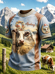 T-shirt décontracté à imprimé patchwork pour hommes, bleu, troupeau de bovins des Alpes suisses