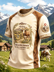 T-shirt décontracté imprimé patchwork de troupeau de bovins des Alpes suisses pour hommes