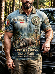 Polo décontracté pour homme, bleu, motif de saison de chasse française, collection automne