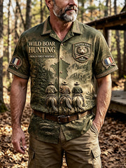 Chemise vintage pour homme, couleur vert armée, imprimé saison de chasse à la française, style sauvage, manches courtes