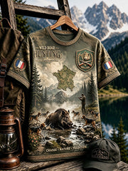 T-shirt décontracté pour homme, vert militaire, imprimé saison de chasse française