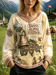 T-shirt Femme Décontracté 'Cattle Return to the Mountains' Festival Des Alpes Suisses En Coton-Lin À Col V