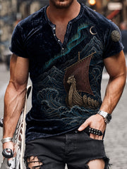 Chemise décontractée à col boutonné avec impression d’art viking rétro