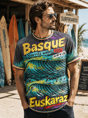 T-shirt décontracté à imprimé surf d'été basque français bleu foncé pour hommes
