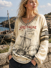 T-shirt rétro pour femme à col en V, décontracté, avec imprimé breton français, offrant une protection solaire élégante