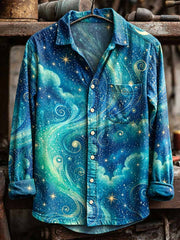 Chemise rétro pour homme à imprimé artistique étoiles et lune