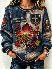 Sweat-shirt décontracté pour femme, style français Beaujolais Nouveau, en patchwork de denim à imprimé