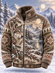 Veste zippée à col montant doublée polaire pour homme, motif animaux de la forêt nordique