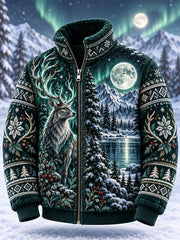 Veste zippée à col montant doublée polaire pour homme, motif animaux de la forêt nordique