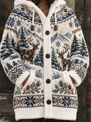 Veste mi-longue à capuche pour femme, motif animal nordique