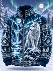 Veste Homme Nordic Forest Animal Print Doublée Polaire À Col Montant Zippée