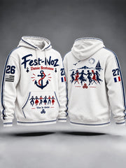 Sweat-shirt à capuche décontracté pour homme, blanc, imprimé de style breton, idéal pour les fest-noz