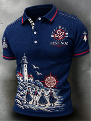 Polo décontracté imprimé pour homme, bleu profond, d'inspiration fest-noz bretonne française