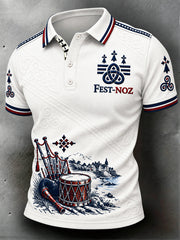 Polo décontracté blanc à imprimé minimaliste, style fest-noz breton français pour homme