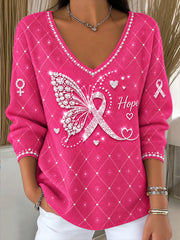 Pull décontracté à col en V pour femme, rose, motif papillon français contre le cancer du sein