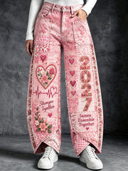 Pantalon décontracté rose pour femme, imprimé patchwork français sur le thème du cancer du sein
