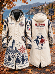 Veste longue à capuche pour homme, style vintage, blanc cassé, imprimé patchwork breton français Fest-Noz