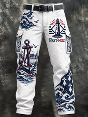 Pantalon de travail décontracté Breton blanc Fest-Noz à imprimé nautique