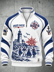Sweatshirt Homme Blanc Style Breton Fest-Noz Décontracté À Fermeture Éclair