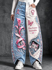 Pantalons décontractés à imprimé patchwork en denim sur le thème du cancer du sein France pour femme