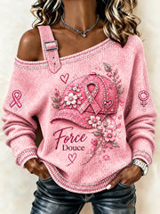 Pull Femme Décontracté Rose Épaules Dénudées Imprimé Cancer Du Sein Français