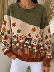 Sweat-shirt à col rond côtelé pour femme, motif mignon de chats pour l’automne et l’hiver