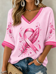 Sensibilisation au cancer du sein pour femmes Soutien de ruban rose T-shirt à manches mi-longues à col en V