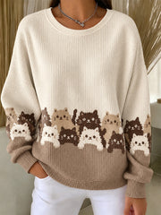 Sweat-shirt à col rond côtelé pour femme, motif mignon de chats pour l’automne et l’hiver