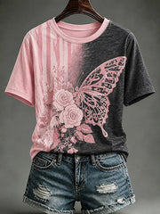 T-shirt imprimé artistique rose de sensibilisation au cancer du sein chez la femme