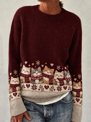 Pull à manches longues imprimé motifs mignons de chats pour femme, collection automne-hiver