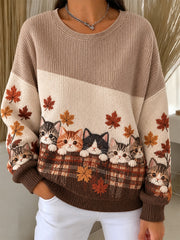 Sweat-shirt à col rond côtelé pour femme, motif mignon de chats pour l’automne et l’hiver