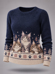Les chats mignons d'hiver des femmes impriment le chandail occasionnel d'amoureux de chat