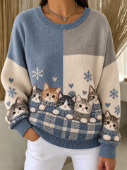 Sweat-shirt à col rond côtelé pour femme, motif mignon de chats pour l’automne et l’hiver