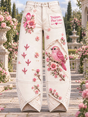 Pantalon décontracté pour femme, couleur blanc cassé, avec imprimé mignon d'oiseau, en soutien à la lutte contre le cancer du sein en France