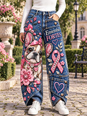 Pantalon décontracté pour femme, motif floral, cancer du sein, France