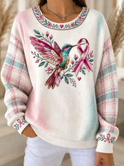 Sweat-shirt Femme Côtelé Imprimé Art Rose Cancer Du Sein à Col Rond