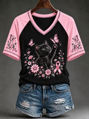 T-shirt à col en V avec imprimé chat noir, sensibilisation au cancer du sein chez la femme