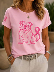 T-shirt décontracté à imprimé chien pour la sensibilisation au cancer du sein chez les femmes