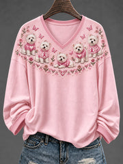Motif de chien des femmes et de la charité rose ruban Design Casual V-Neck T-Shirt