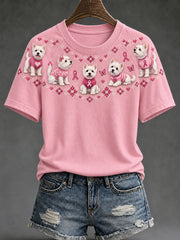 T-shirt décontracté à manches courtes pour femme, motif chien et ruban rose de la solidarité