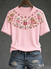 T-shirt décontracté à manches courtes pour femme, motif chien et ruban rose de la solidarité