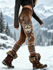 Leggings vintage en velours épais pour femme, motif tête de loup viking et motifs aztèques