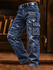 Pantalon de travail décontracté pour homme, bleu foncé, imprimé marin breton français